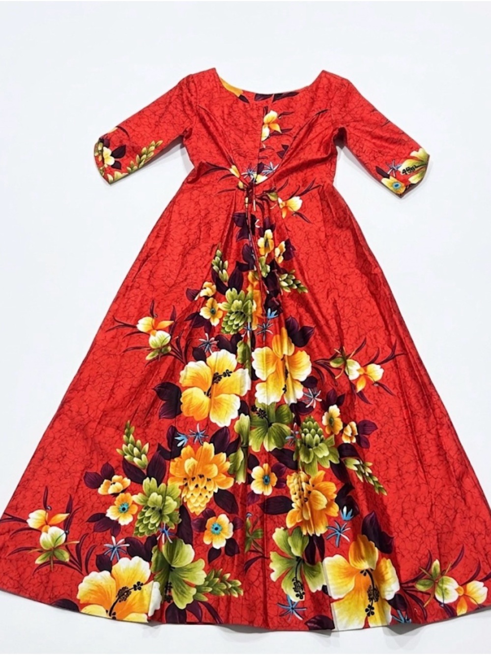 Vintage Reef Hawaii Floral Hostess Gown Dress Red Hibiscus Maxi Barkcloth XS/S